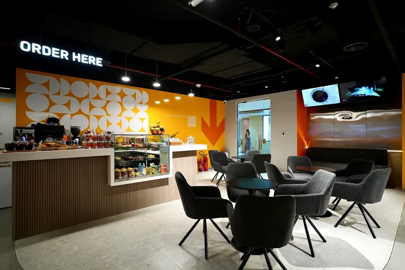 In-house cafe counter and seating area